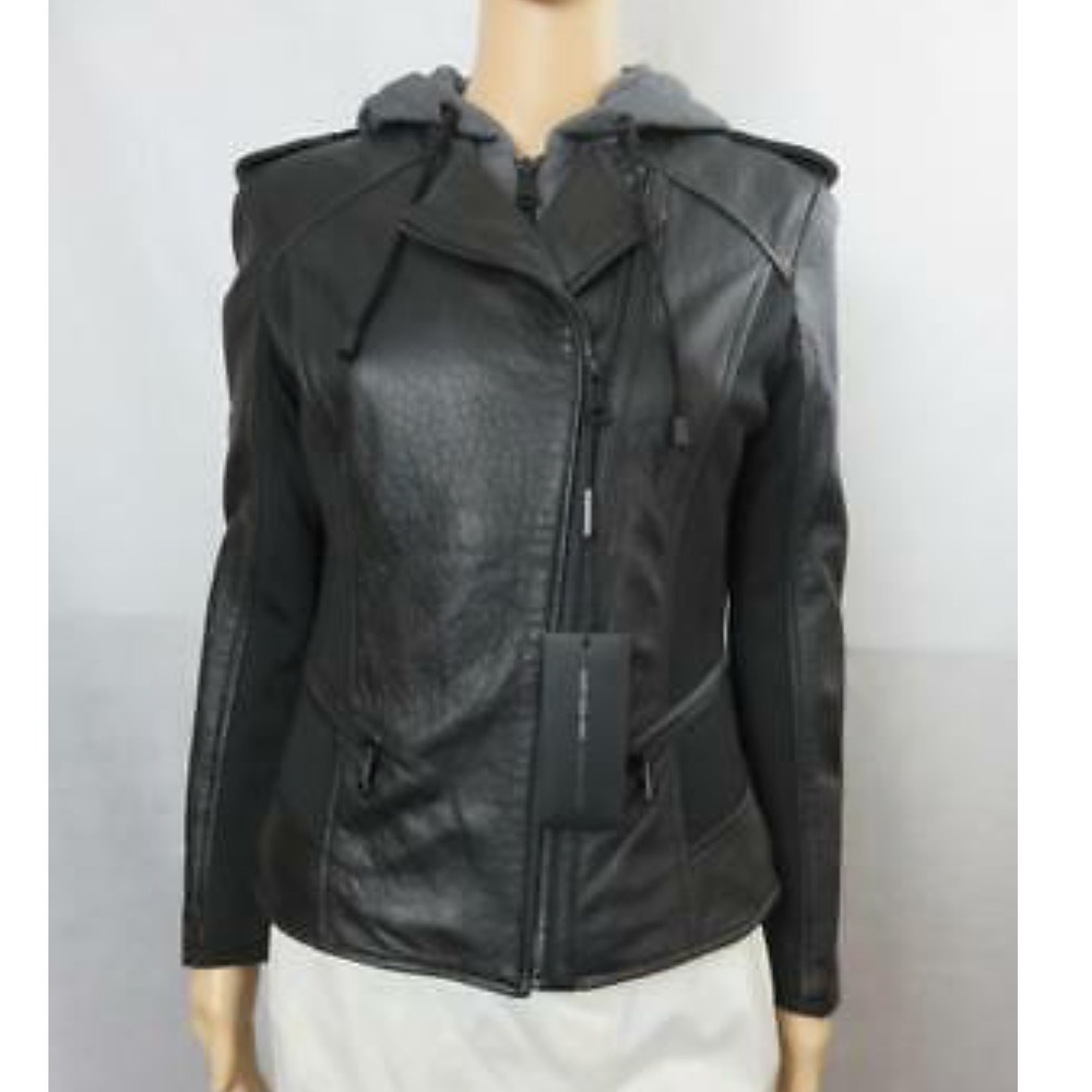 Andrew Marc Leather Jacket with Hood - size L